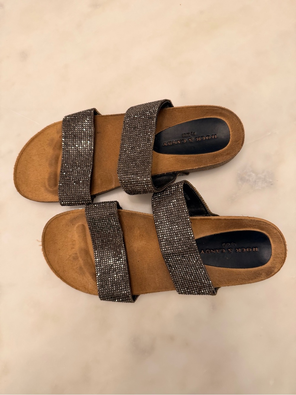 Rock & Candy Black Glitter Double-Strap Slide Sandals